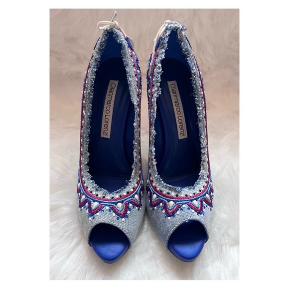 New! Rare GIANMARCO LORENZI Rhinestone Bead Embellished Embroidered Denim Heels - Picture 2 of 12
